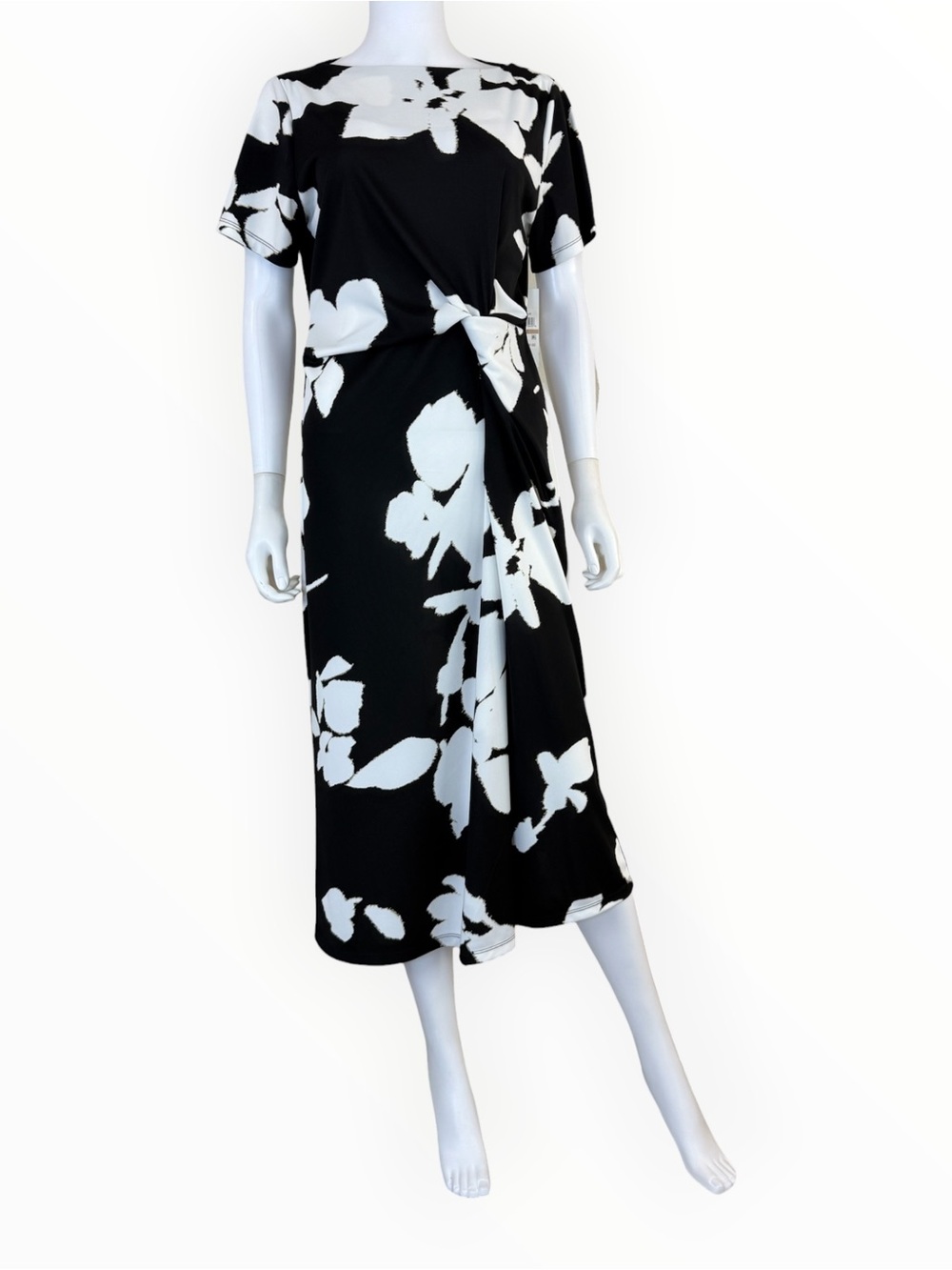 DKNY NWT Black Floral Side-Twist Short-Sleeve Midi Dress Size 12 Q1045